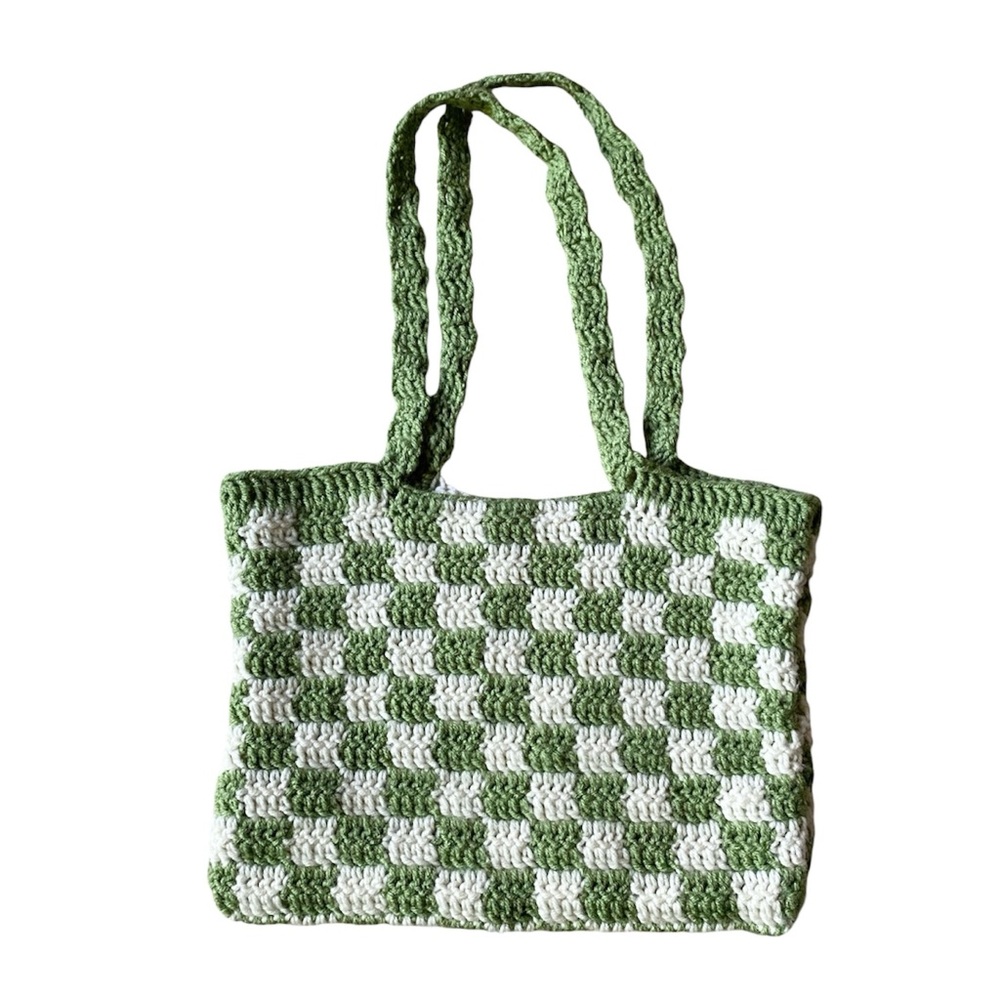 Green and White Checkered Crochet Bag